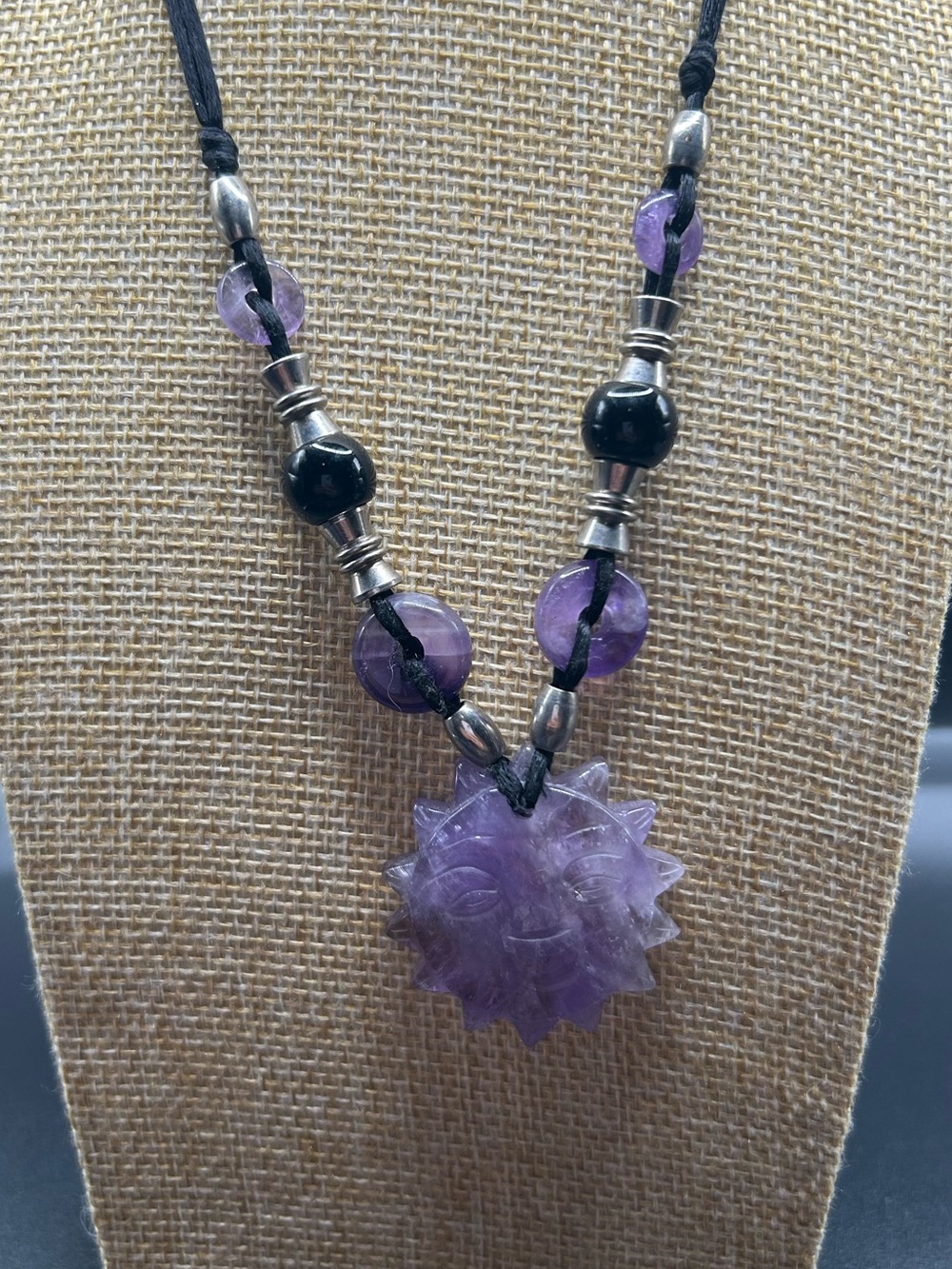 Handcrafted Purple Amethyst-Style Carved Sun Pendant Necklace